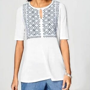 J. Jill - Linen Blue White Jacquard Bib Embroidered Keyhole Short Sleeve Top 3X
